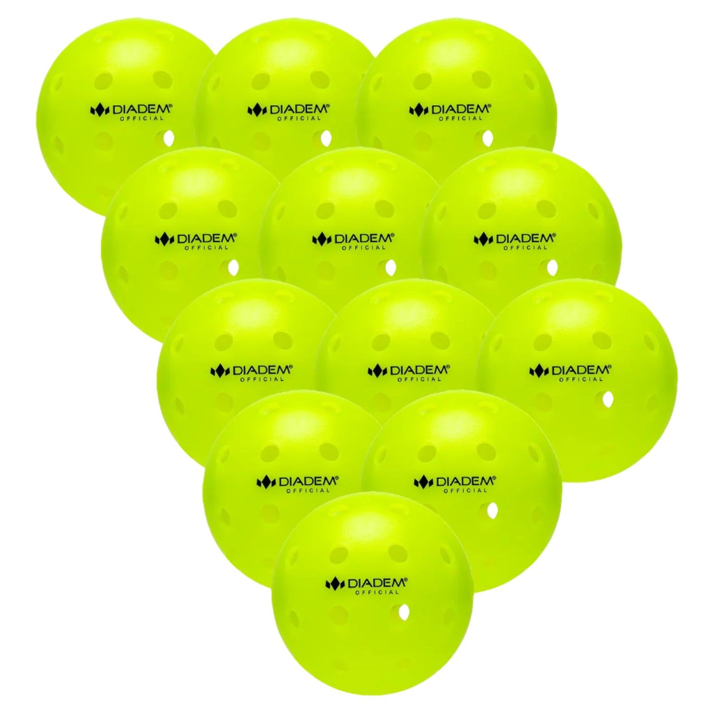 twelve green Diadem Official outdoor pickleballs with visible branding on the surface.