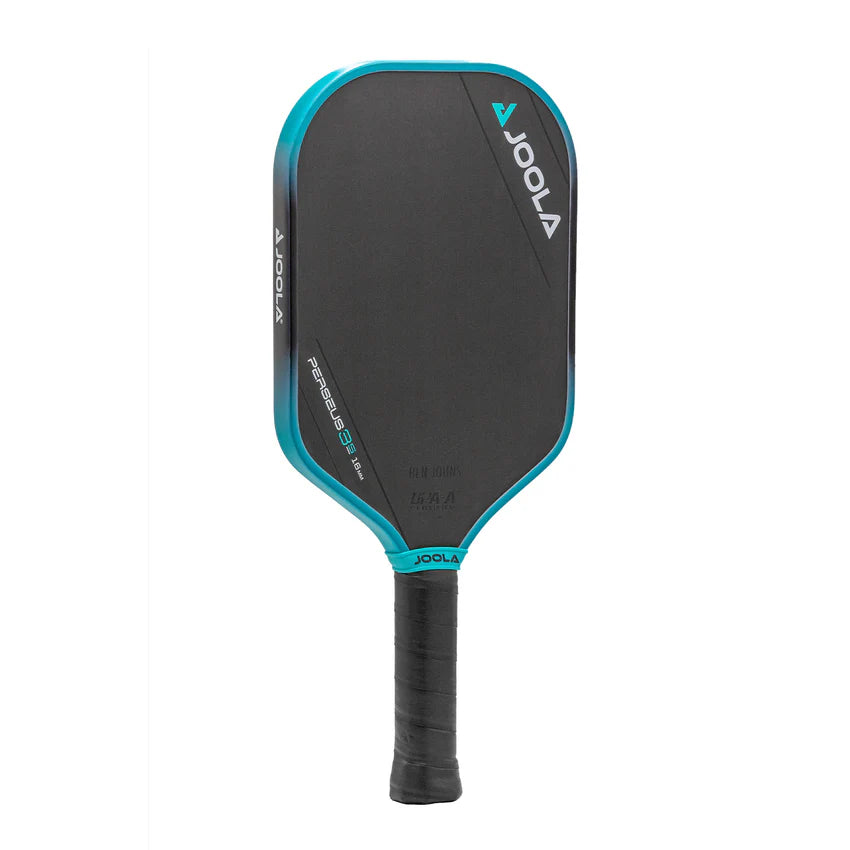 A JOOLA Ben Johns Perseus 3S 14mm pickleball paddle with a black and blue design on the surface and a black grip.