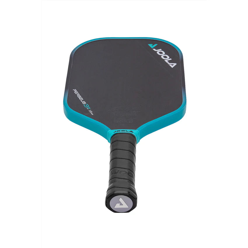 A JOOLA Ben Johns Perseus 3S 14mm pickleball paddle with a black and blue design on the surface and a black grip.