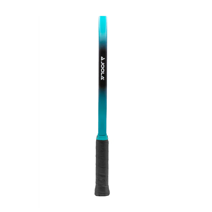 A JOOLA Ben Johns Perseus 3S 14mm pickleball paddle with a black and blue design on the surface and a black grip.