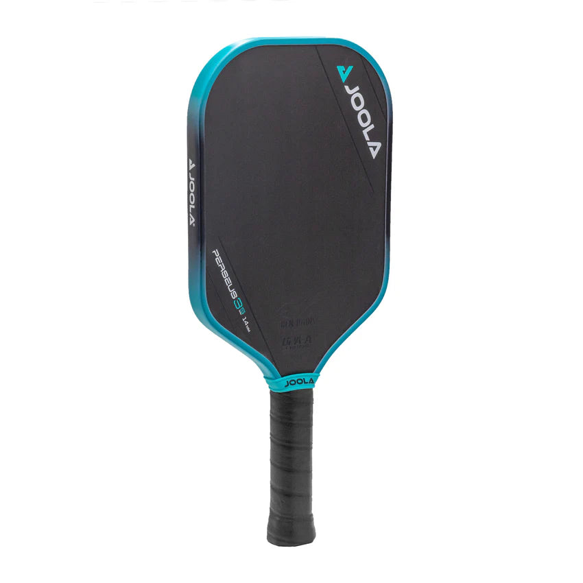 A JOOLA Ben Johns Perseus 3S 14mm pickleball paddle with a black and blue design on the surface and a black grip.