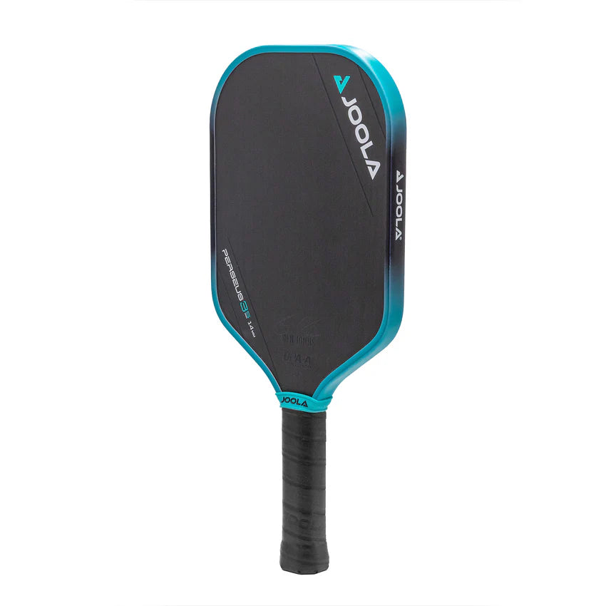 A JOOLA Ben Johns Perseus 3S 14mm pickleball paddle with a black and blue design on the surface and a black grip.