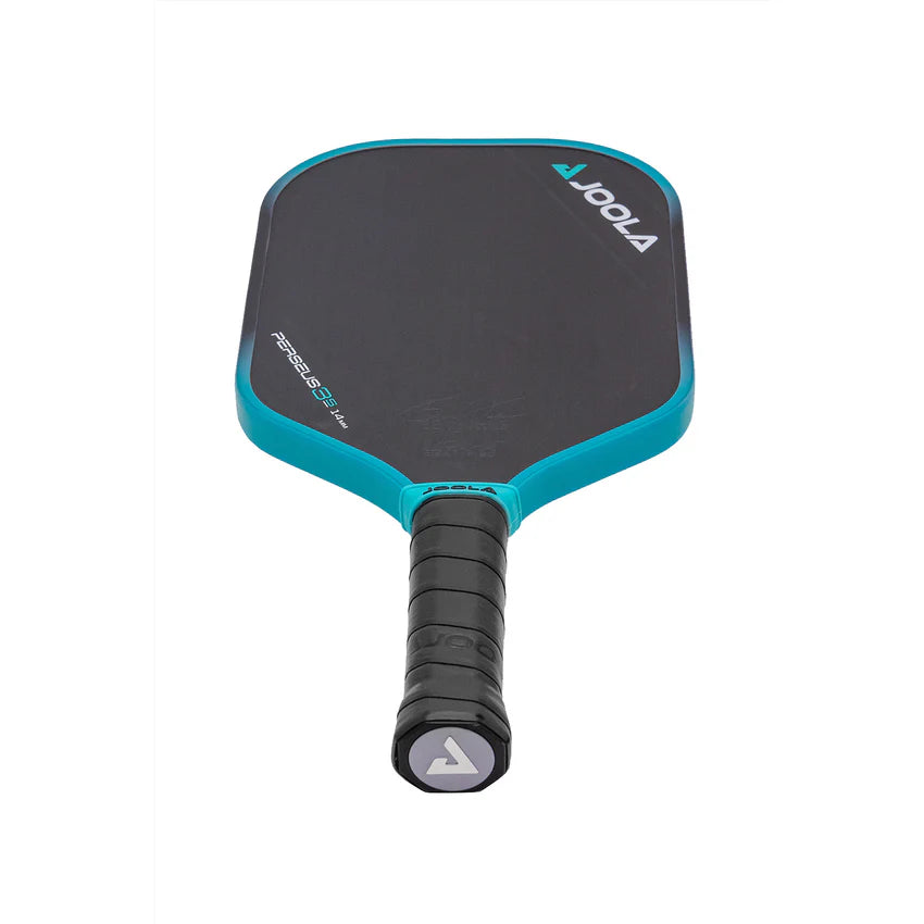 A JOOLA Ben Johns Perseus 3S 14mm pickleball paddle with a black and blue design on the surface and a black grip.