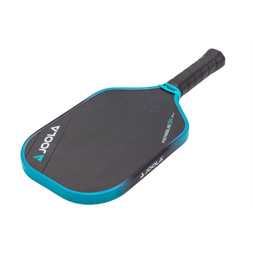 A JOOLA Ben Johns Perseus 3S 14mm pickleball paddle with a black and blue design on the surface and a black grip.