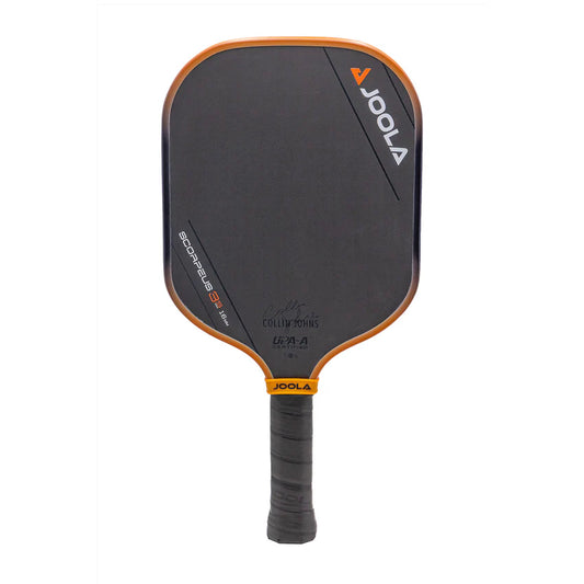 A JOOLA pickleball paddle with a black surface and orange accents, featuring a long handle and a grip in the middle.