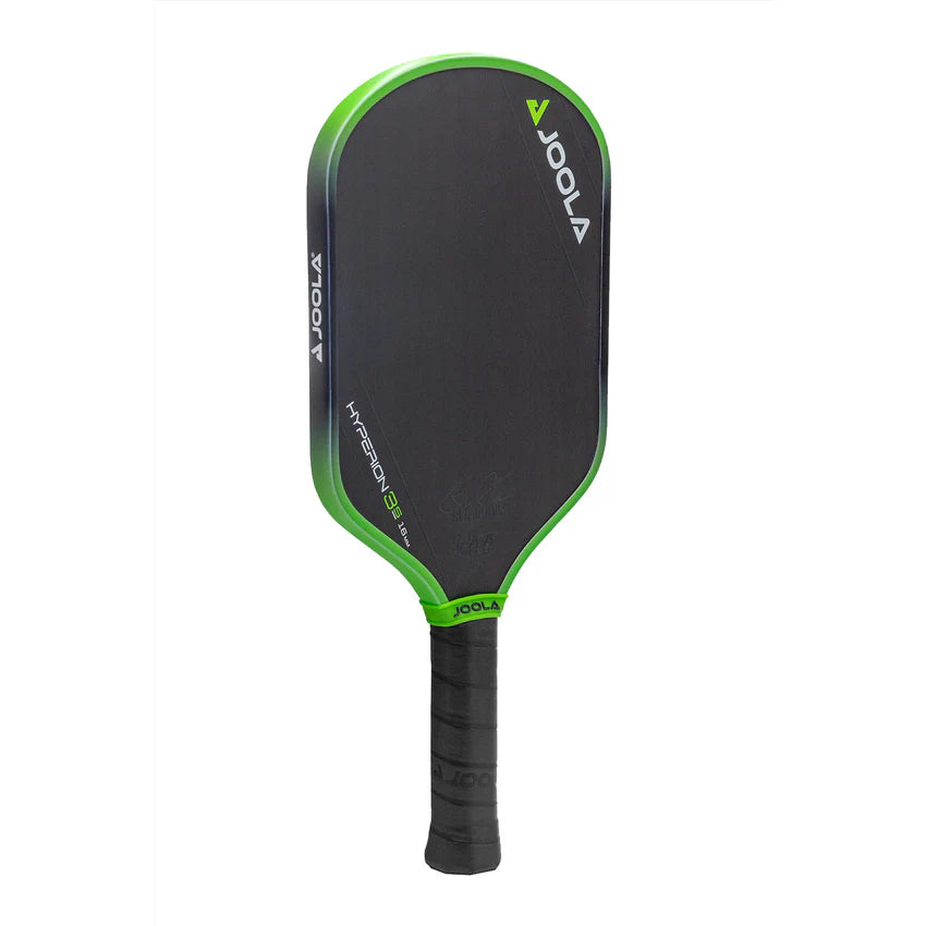 A JOOLA Ben Johns Perseus 3S 14mm pickleball paddle with a black and green design on the surface and a black grip.