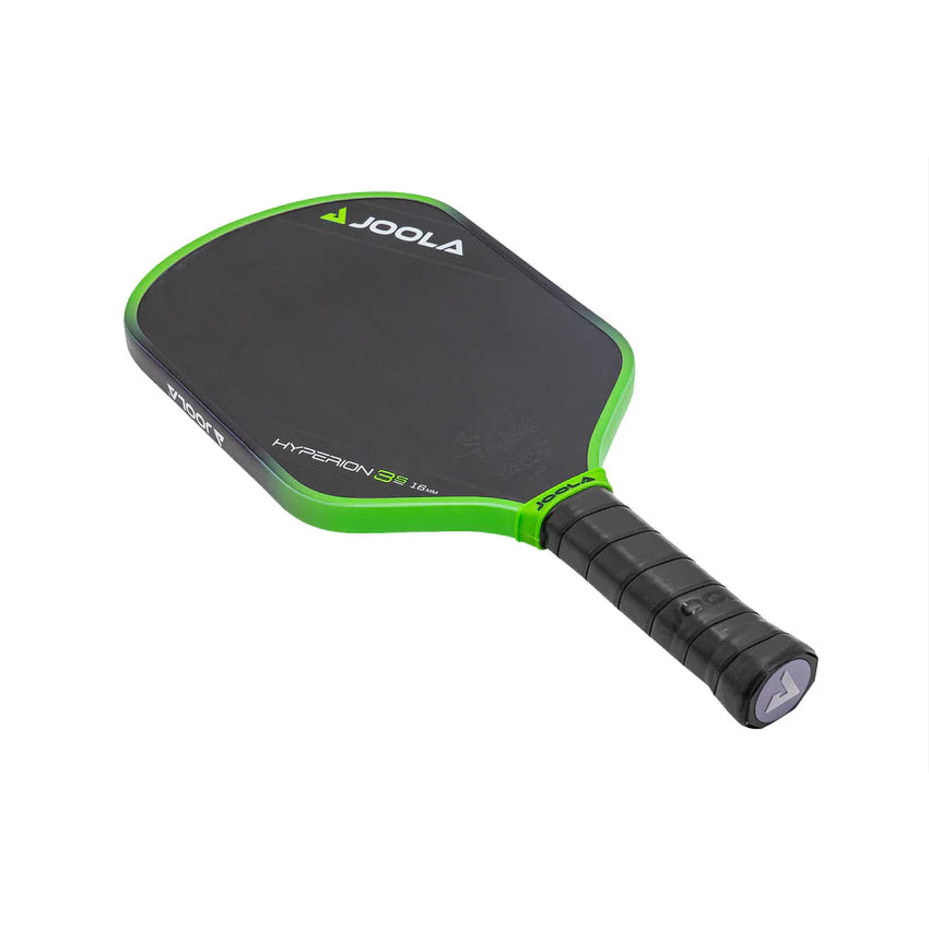 A JOOLA Ben Johns Perseus 3S 14mm pickleball paddle with a black and green design on the surface and a black grip.