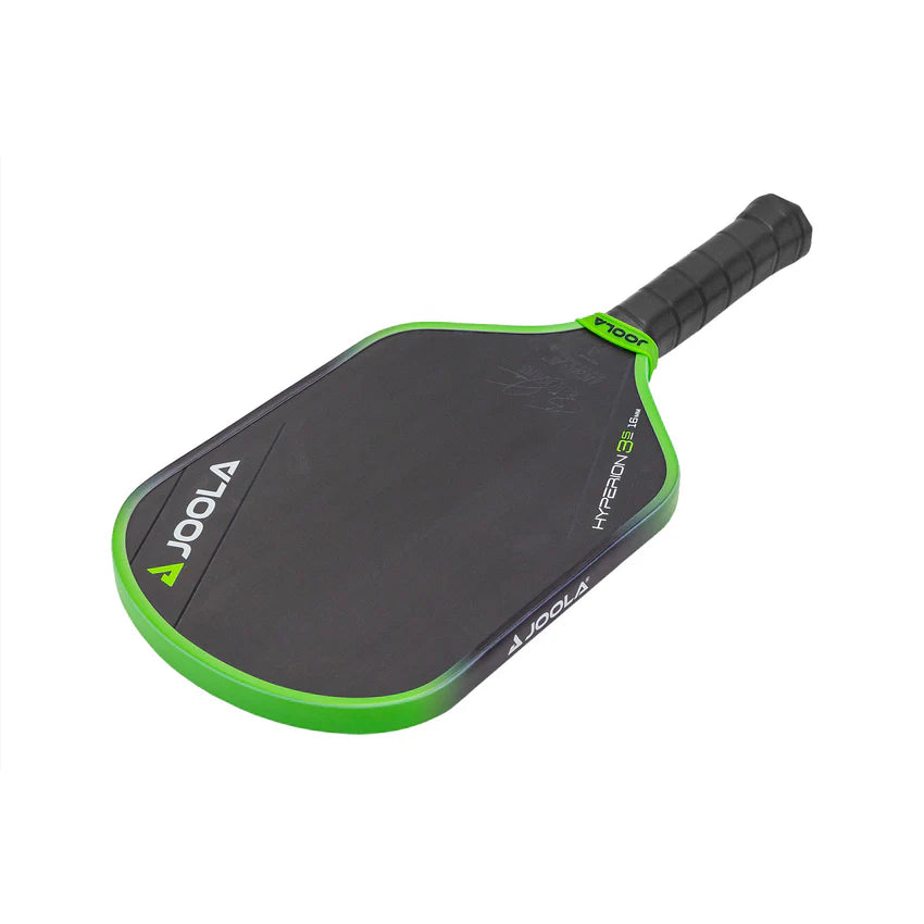 A JOOLA Ben Johns Perseus 3S 14mm pickleball paddle with a black and green design on the surface and a black grip.