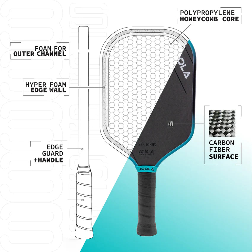 A JOOLA Ben Johns Perseus 3S 14mm pickleball paddle with a black and blue design on the surface and a black grip.