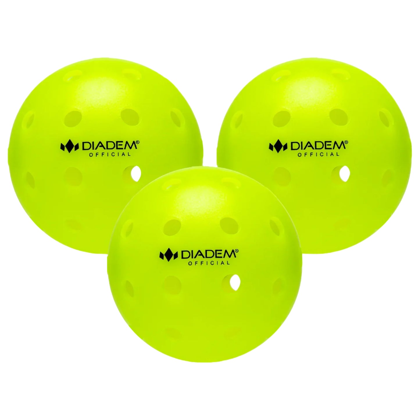 Three green Diadem Official outdoor pickleballs with visible branding on the surface.