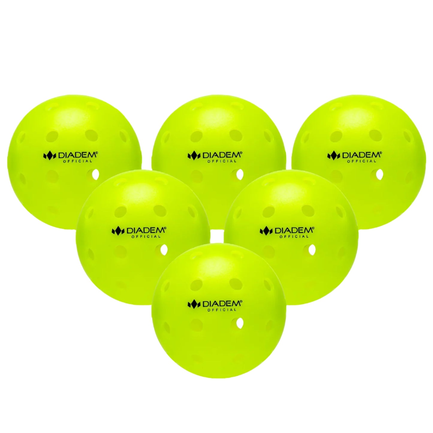Six green Diadem Official outdoor pickleballs with visible branding on the surface.