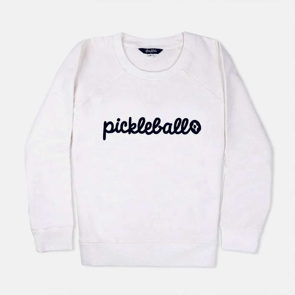 White sweatshirt with 'pickleball' text on a white background