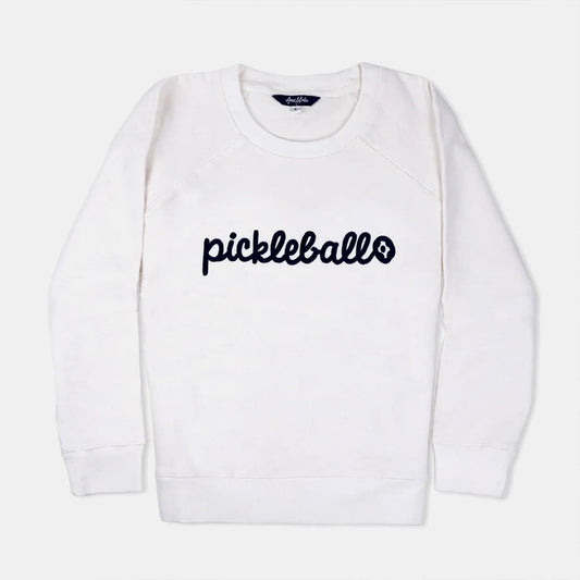 White sweatshirt with 'pickleball' text on a white background