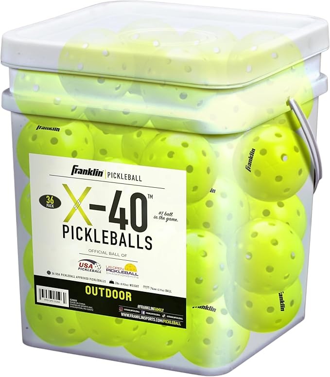 Bucket of Franklin Pickleballs with a label on a white background