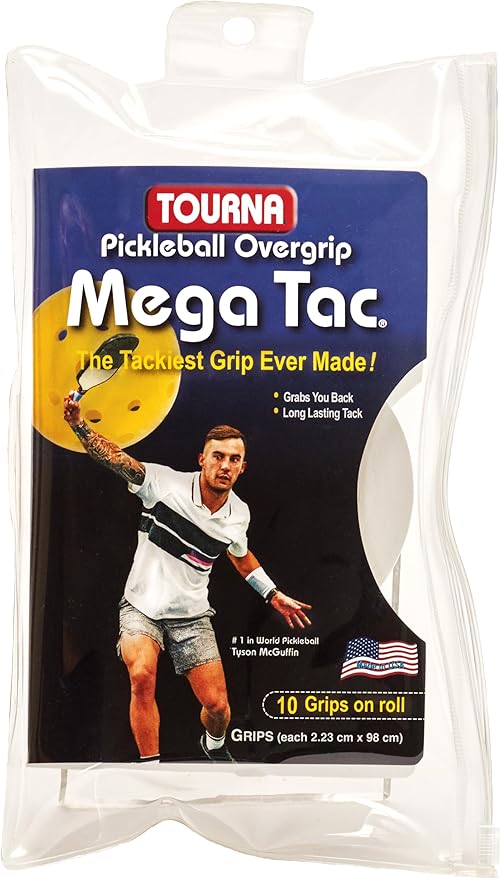 Packaging of Tourna Mega Tac Pickleball Overgrip, featuring a male pickleball player and the overgrip product itself visible through a clear package.