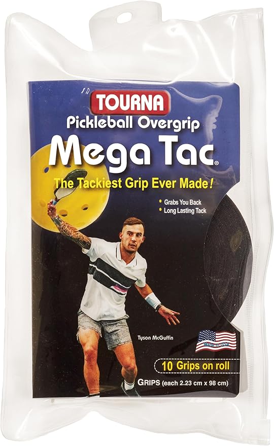 Packaging of Tourna Mega Tac Pickleball Overgrip, featuring a male pickleball player and the overgrip product itself visible through a clear package.