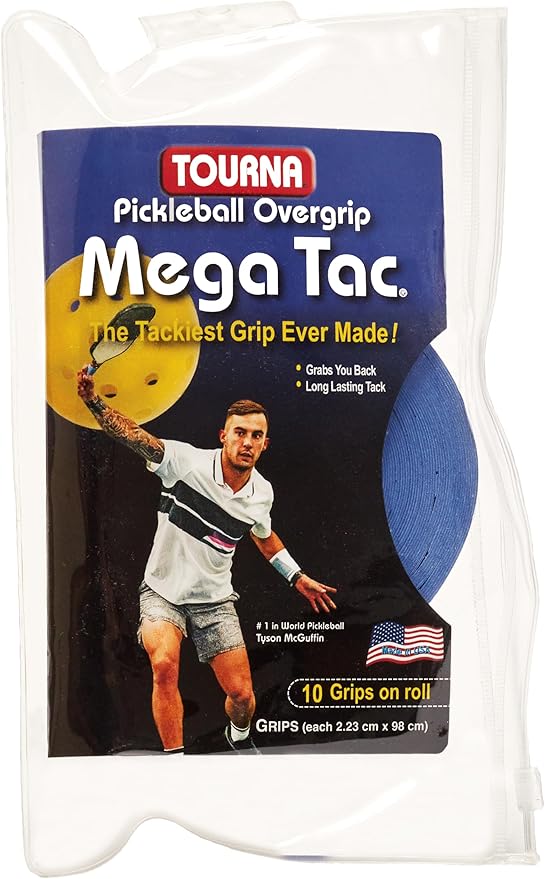 Packaging of Tourna Mega Tac Pickleball Overgrip, featuring a male pickleball player and the overgrip product itself visible through a clear package.