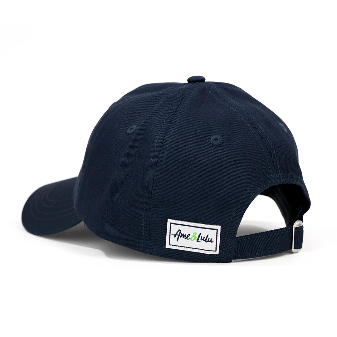 A navy hat with the text 'PICKLEBALL' embroidered on the front, displayed on a white background