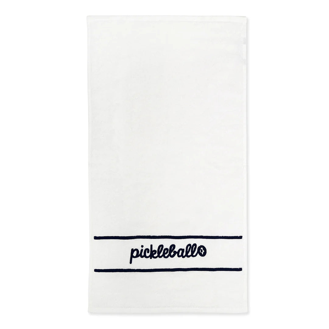 A white tennis towel with the word 'pickleball ' embroidered in navy, with a white background
