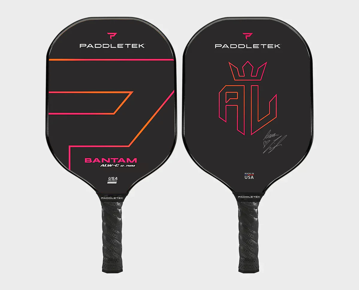 Black pink and orange paddletek bantam alw-c pickleball paddle. With pink and orange lettering