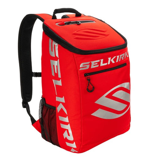 Red backpack with Selkirk logo on a white background