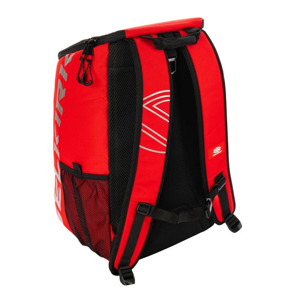 Red and black backpack with visible branding on a white background