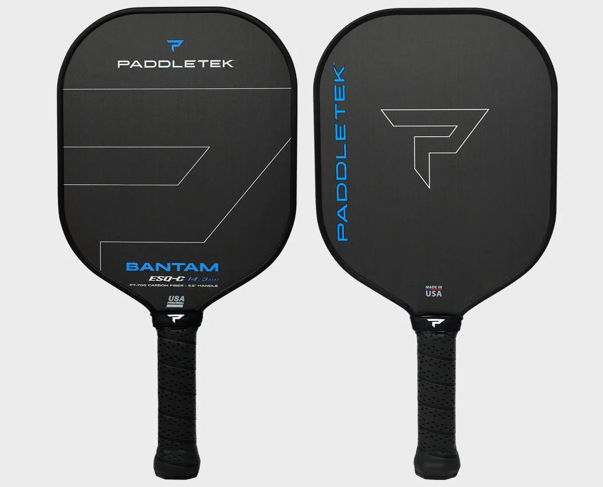 Back paddletek pickleball paddle lined with blue with blue lettering written on the side and bottom. Shown on a white background.