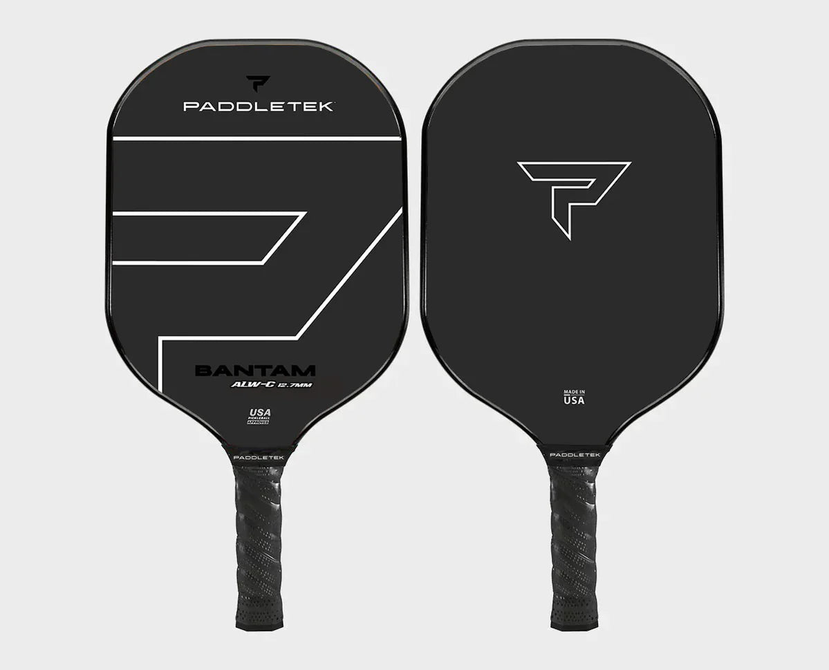 Black and white paddletek bantam alw-c pickleball paddle. With white lettering