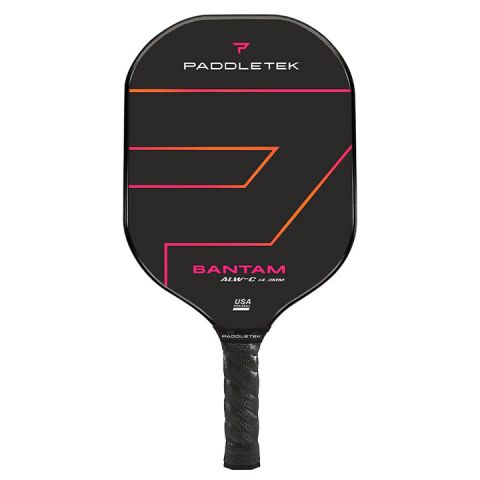Black pink and orange paddletek bantam alw-c pickleball paddle. With pink and orange lettering