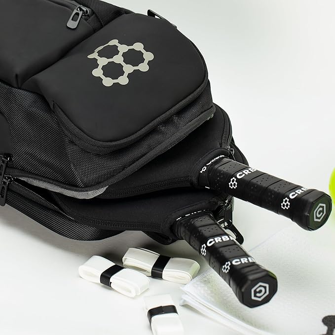 CRBN black pickleball backpack with white background