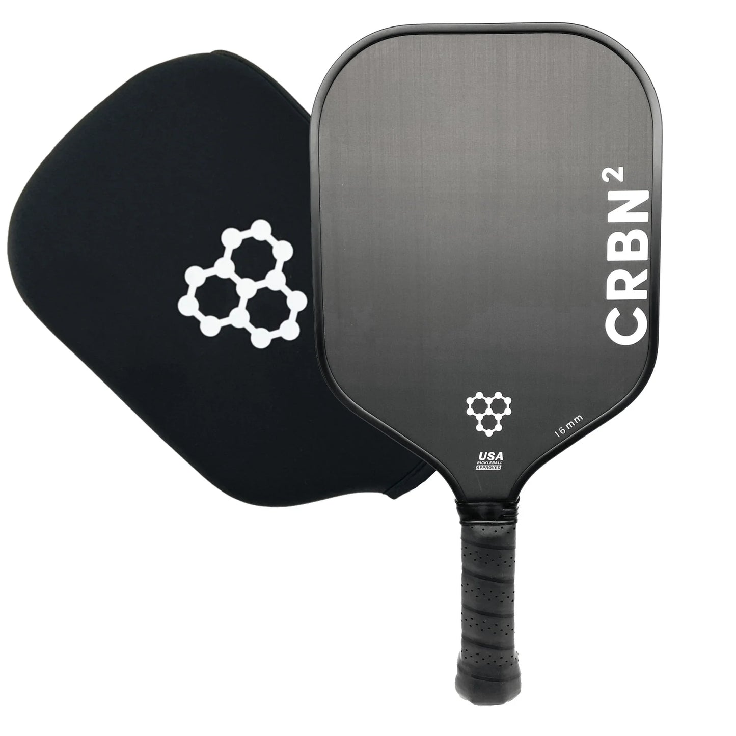 A pickleball paddle with a black handle and a gray face, labeled 'CRBN 2' with a geometric pattern in the center.
