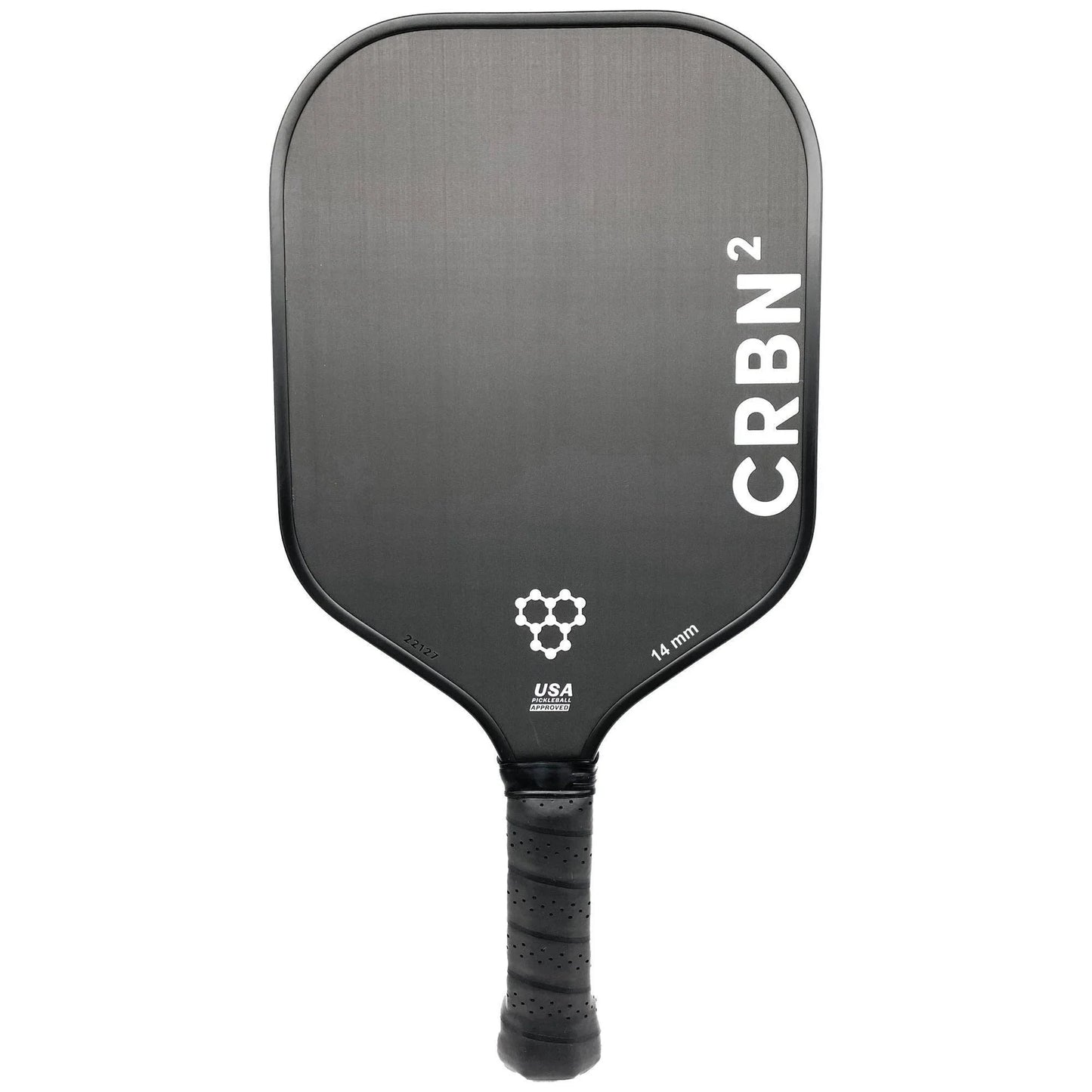 A pickleball paddle with a black handle and a gray face, labeled 'CRBN 2' with a geometric pattern in the center.
