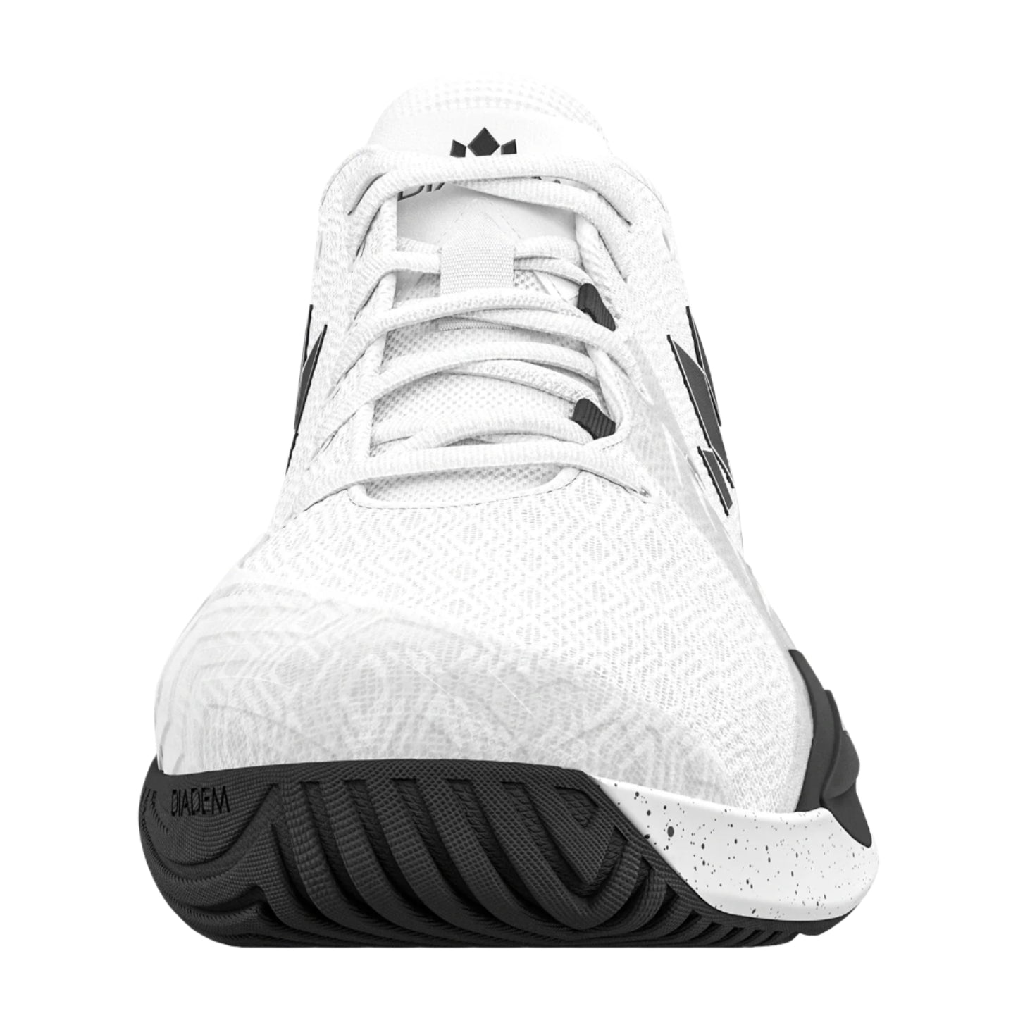White athletic shoe with black sole on a white background