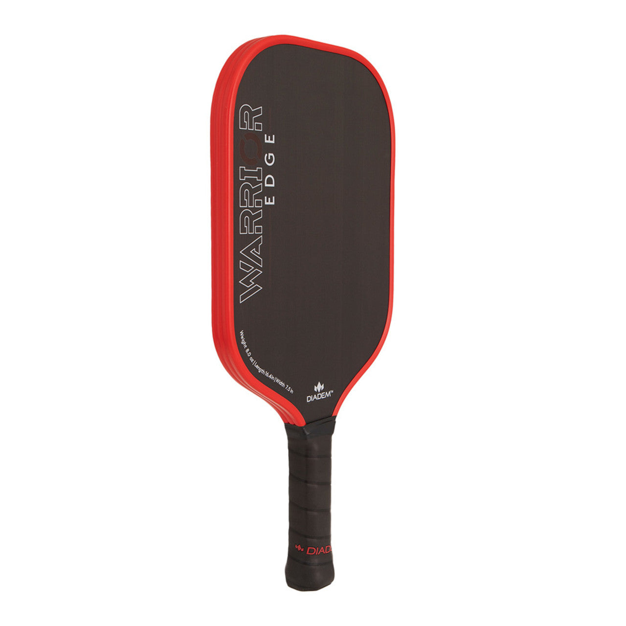 A black and red Diadem Warrior Edge paddle with a carbon fiber pattern and the brand name etched on the surface.