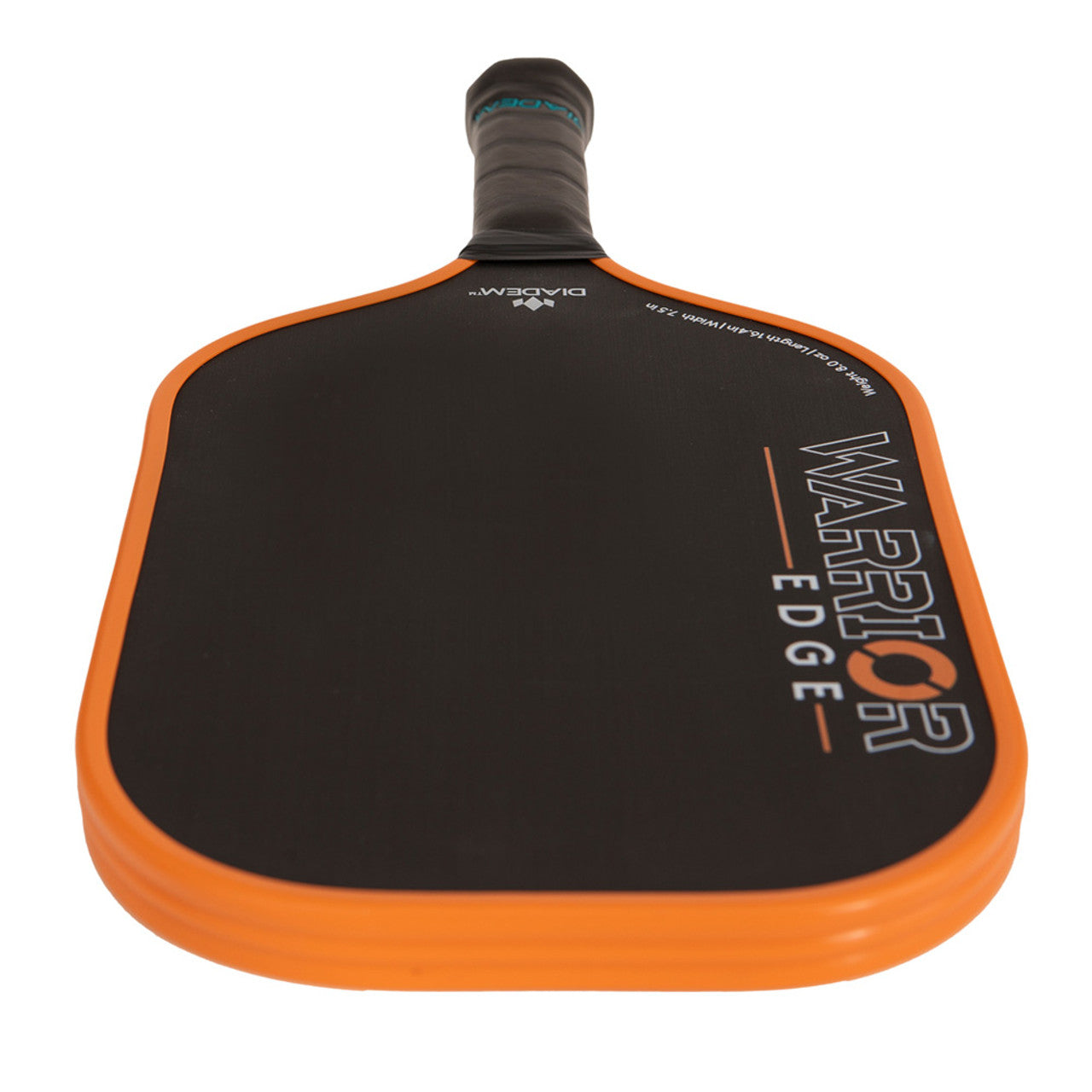 A black and orange Diadem Warrior Edge paddle with a carbon fiber pattern and the brand name etched on the surface.
