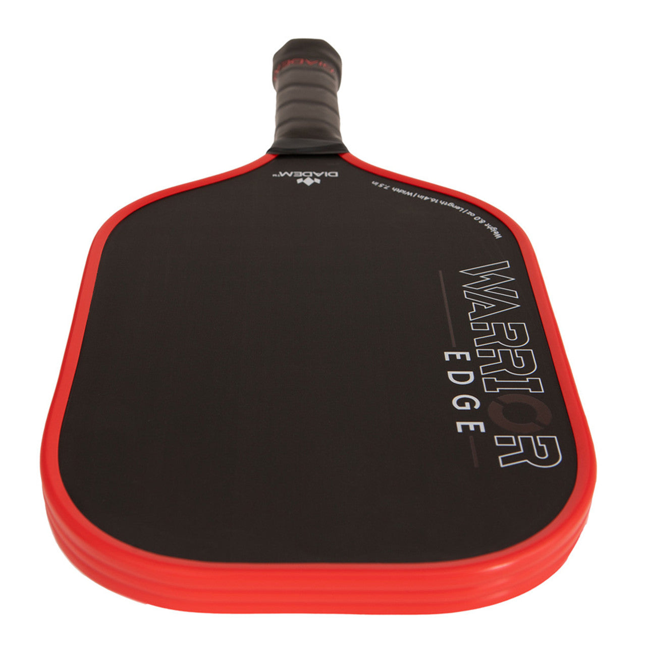 A black and red Diadem Warrior Edge paddle with a carbon fiber pattern and the brand name etched on the surface.