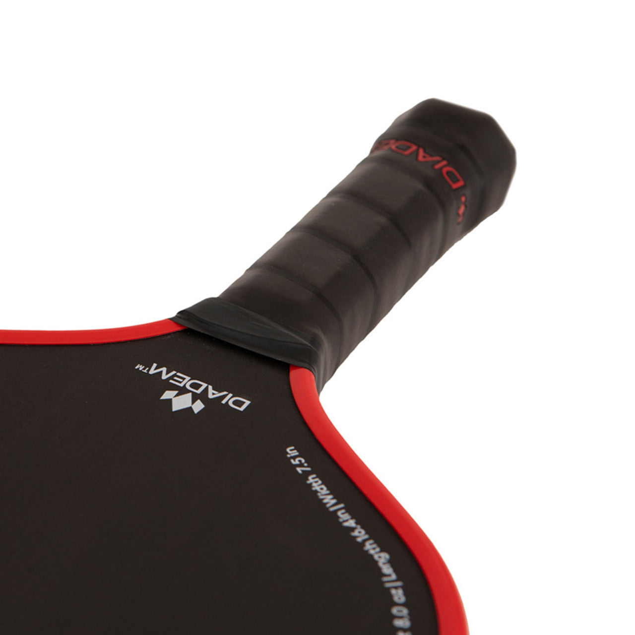 A black and red Diadem Warrior Edge paddle with a carbon fiber pattern and the brand name etched on the surface.