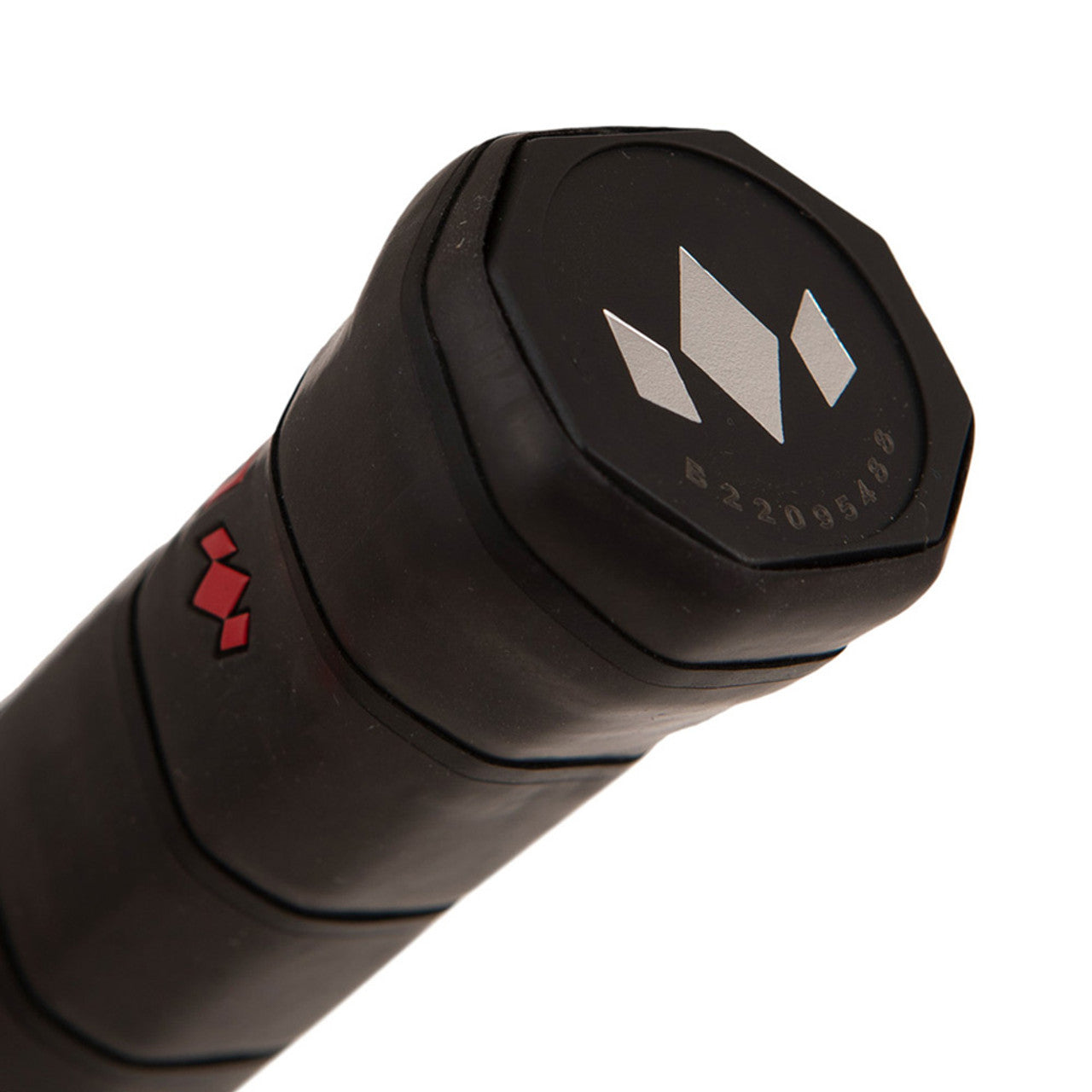 A black handle and wrap of a Diadem Warrior Edge paddle with a carbon fiber pattern and the brand name etched on the surface.
