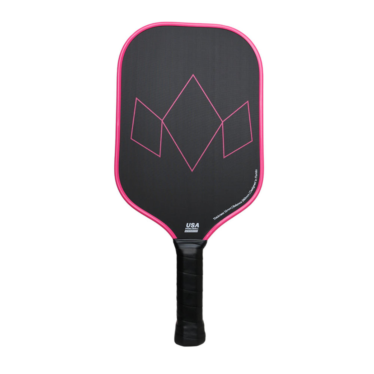 A black and pink Diadem Warrior Edge paddle with a carbon fiber pattern and the brand name etched on the surface.