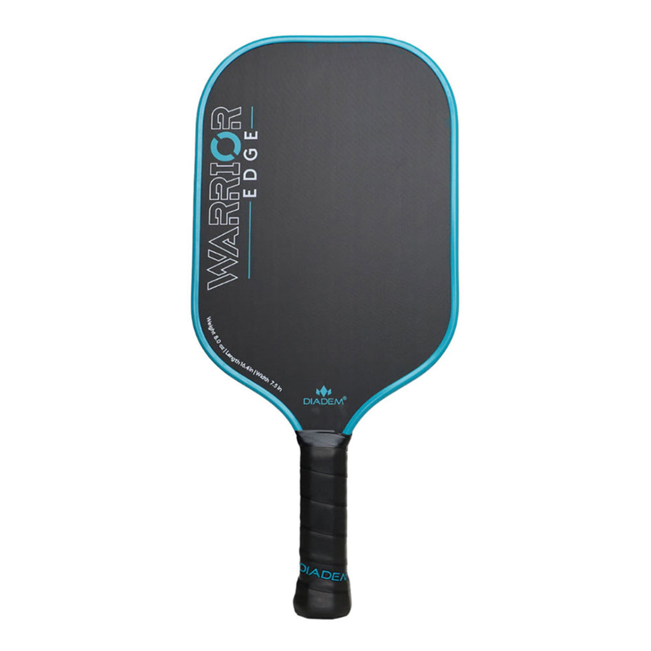 A black and blue Diadem Warrior Edge paddle with a carbon fiber pattern and the brand name etched on the surface.