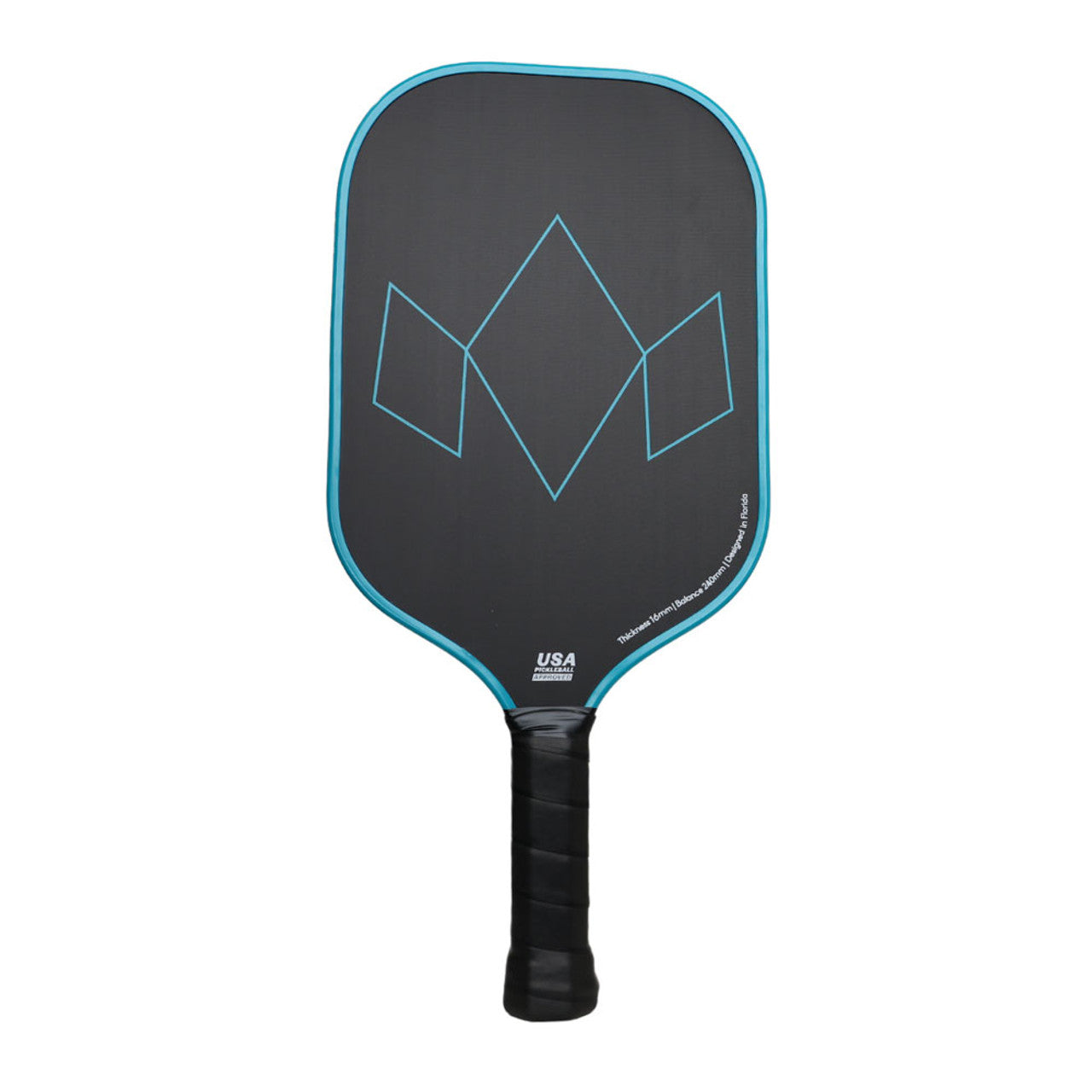 A black and blue Diadem Warrior Edge paddle with a carbon fiber pattern and the brand name etched on the surface.