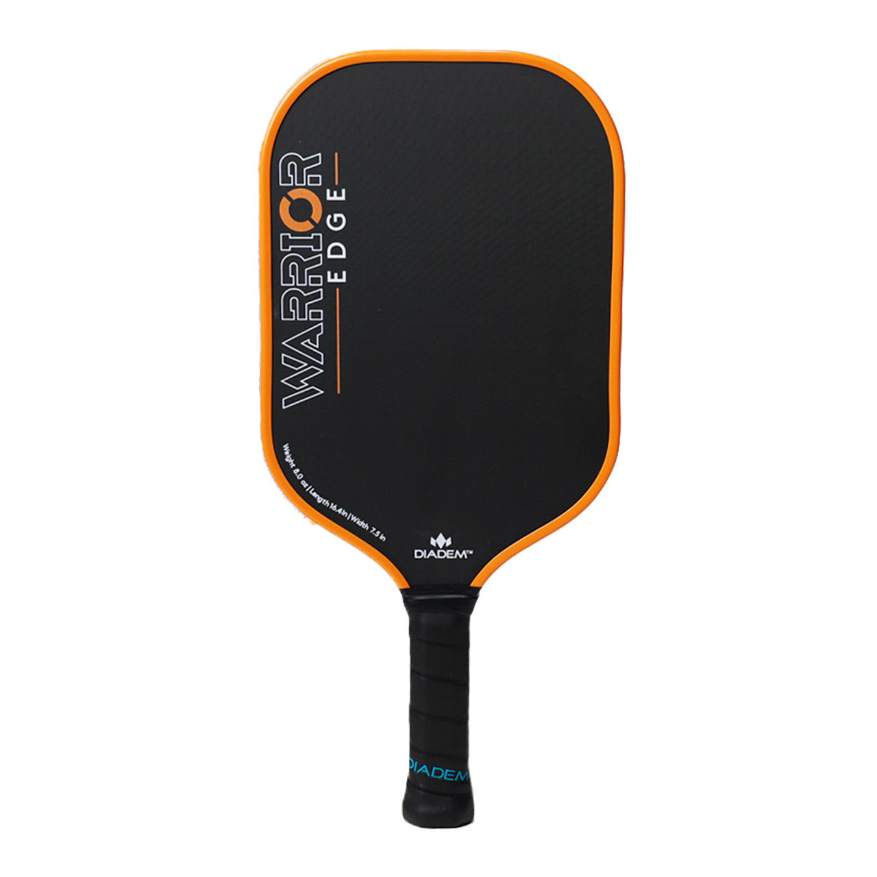 A black and orange Diadem Warrior Edge paddle with a carbon fiber pattern and the brand name etched on the surface.