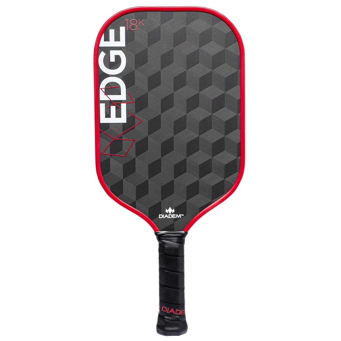 Black and red pickleball paddle with geometric pattern on a white background
