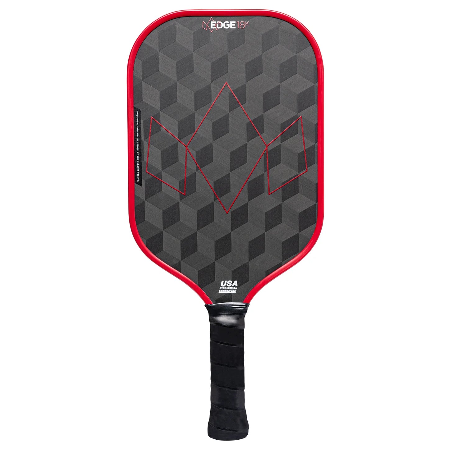 Black and red pickleball paddle with geometric pattern on a white background