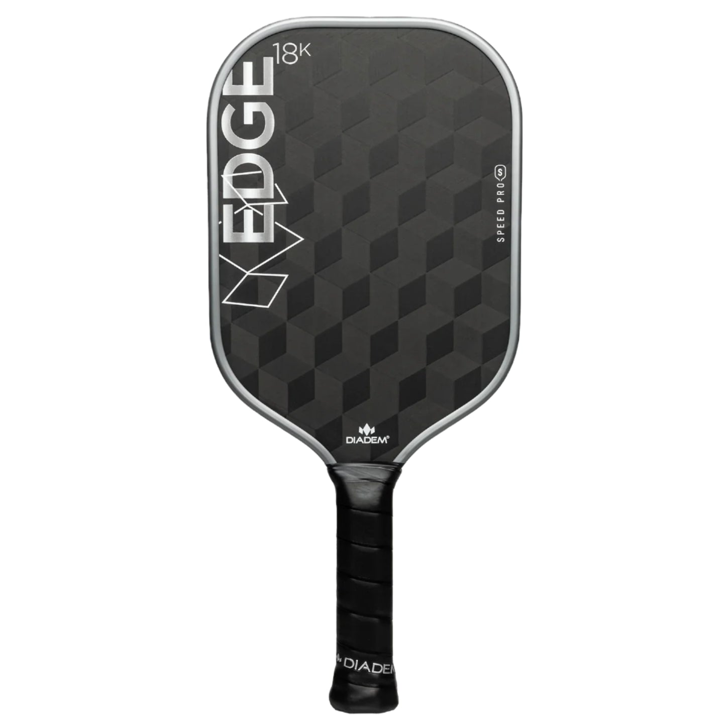 Black pickleball paddle with geometric pattern and brand logo on a white background