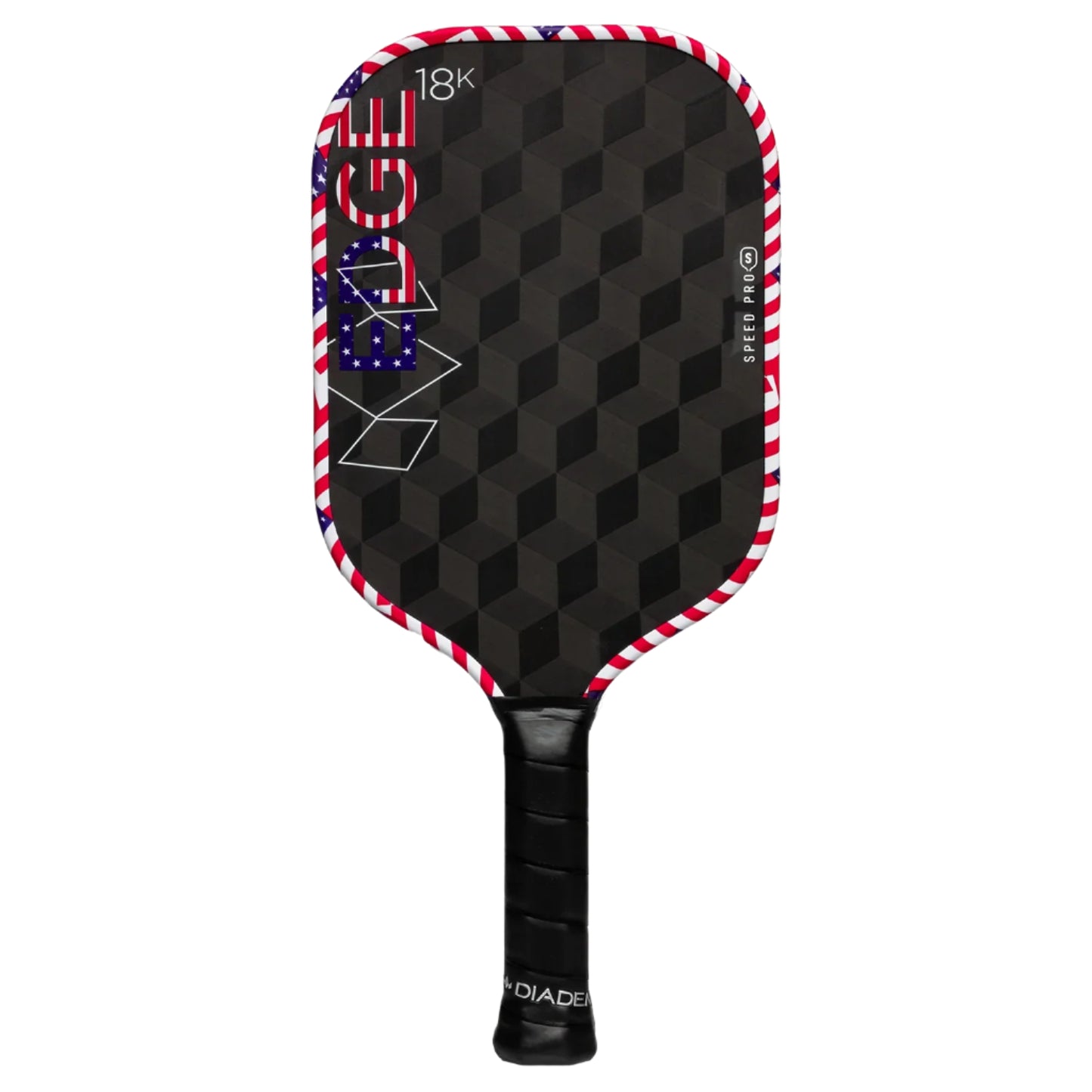Pickleball paddle with black diamond pattern and red, white, and blue accents on a white background
