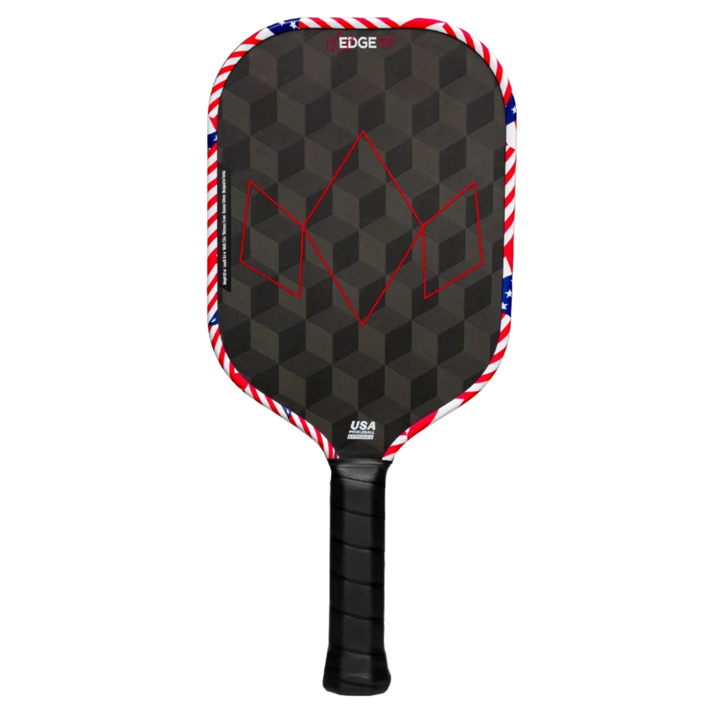 Pickleball paddle with geometric pattern and red, white, and blue accents on a white background