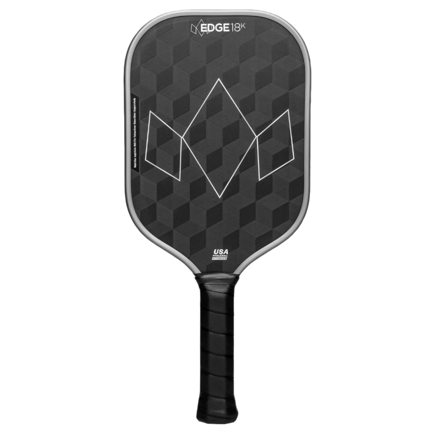 Black pickleball paddle with geometric pattern on a white background