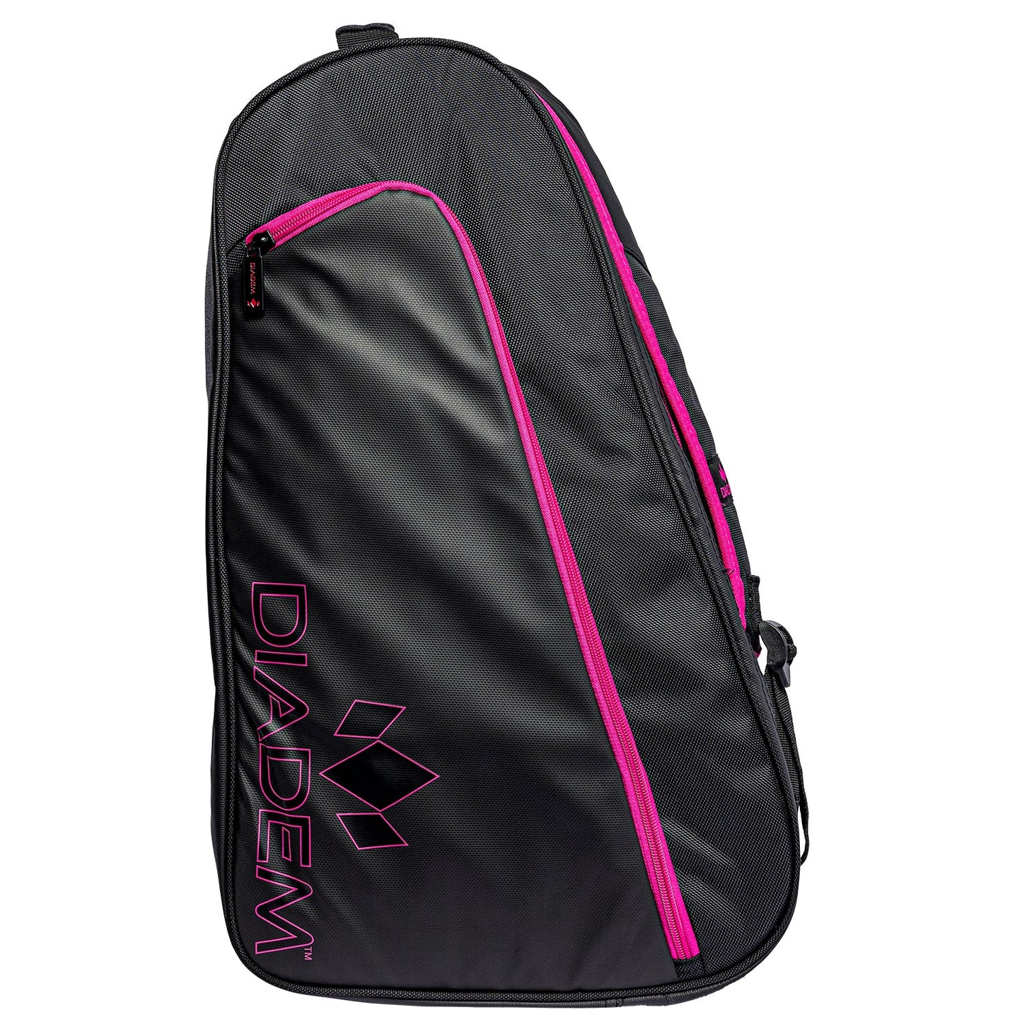 A black and pink Diadem Tour V2 backpack designed for holding sports equipment, featuring multiple compartments.