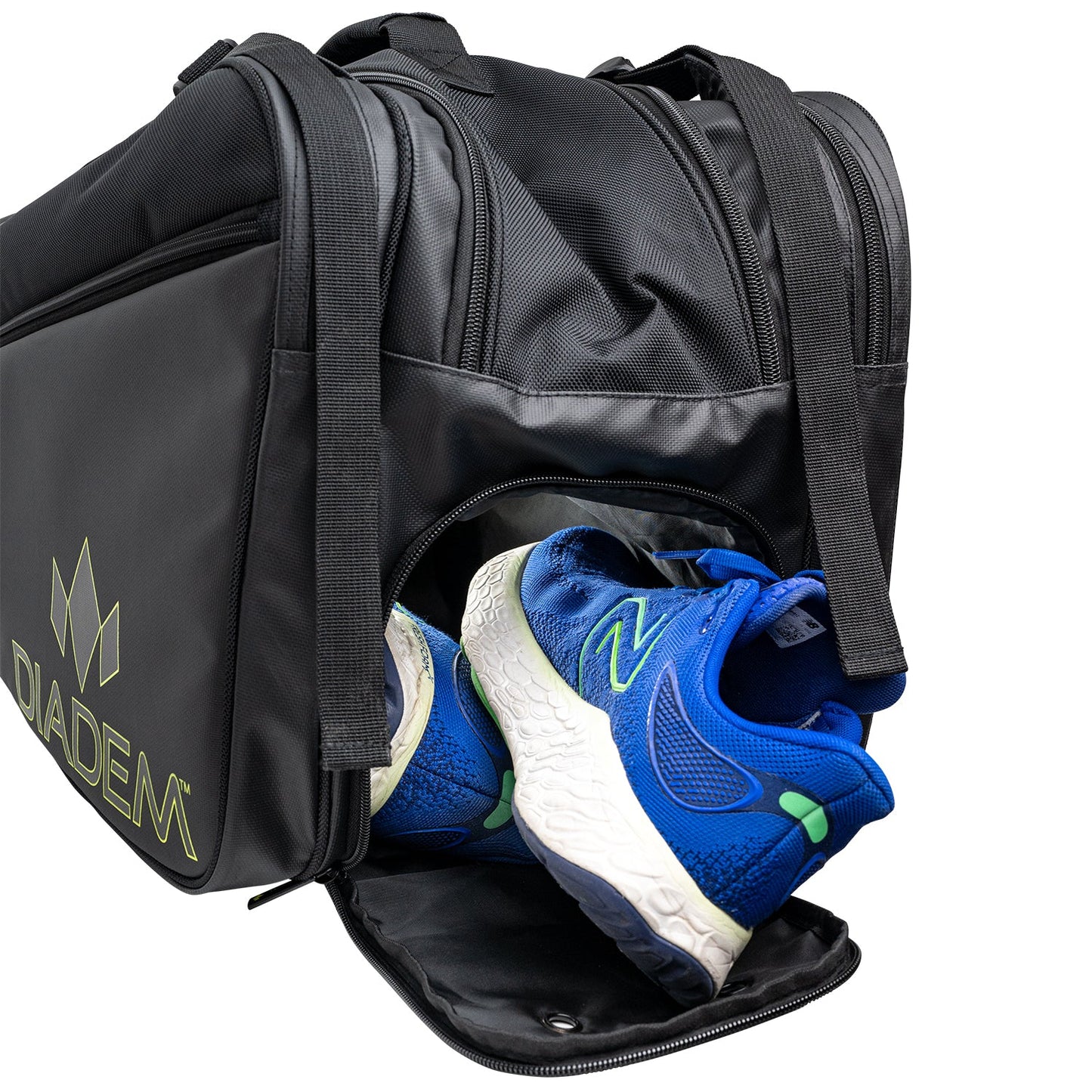 A black Diadem Tour V2 backpack designed for holding sports equipment, featuring multiple compartments and shoe compartment.